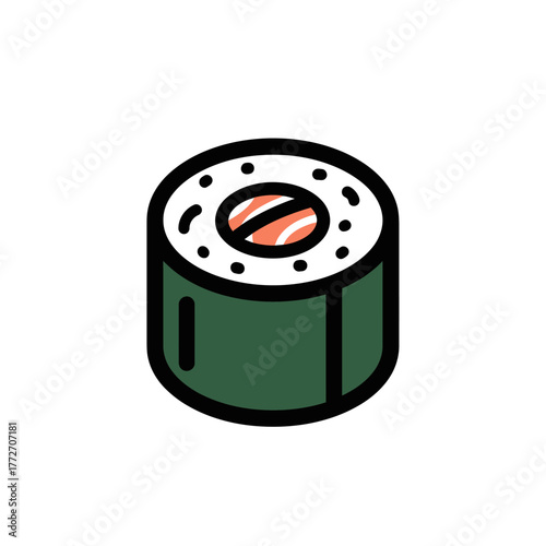 Stylized Maki Sushi Roll Illustration with Dark Green Nori, White Rice, and Orange Filling.