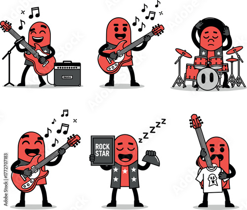 Cute cartoon pill characters playing rock music and sleeping