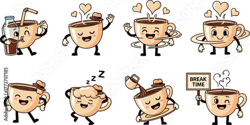 Cute coffee cups with happy faces and various actions