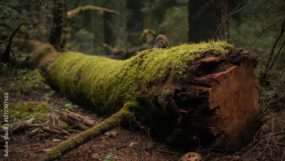 Fototapeta premium Fallen tree trunk covered in moss, erosion risk