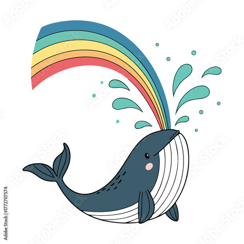 Whimsical whale spouting colorful rainbow water splash joyful ocean concept isolated on transparent background