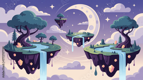 Fantasy floating islands with trees and waterfalls whimsical vector illustration perfect for fairytale book covers and magical themed designs