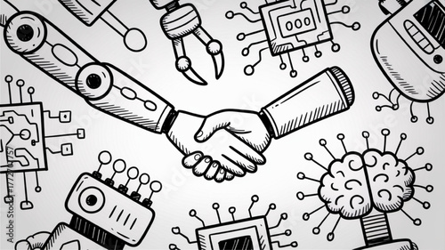 Handshake between human and robot symbolizing cooperation in technology illustrated with circuit boards and robotic arms