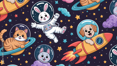Seamless pattern of cute animals in space including a cat on a planet a rabbit in a spacesuit and a dog in a rocket cartoon vector illustration
