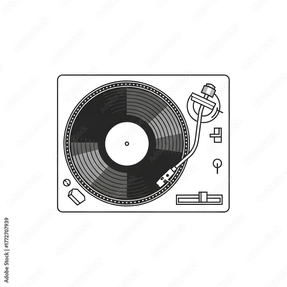 Obraz premium A top-down view of a record player with a vinyl disc spinning, illustrating the classic way of playing music