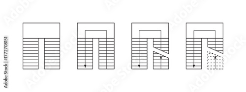 Set of stairs icons with arrows for floor plan draft. Staircase symbols for interior design project. Elements for architecture cad program isolated on white background. Vector graphic illustration
