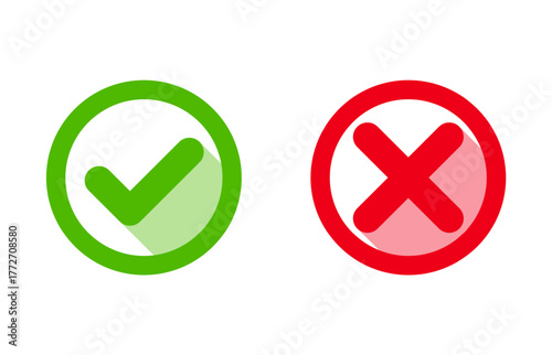 Green Check Mark and Red Cross Icon Set Isolated on White Background