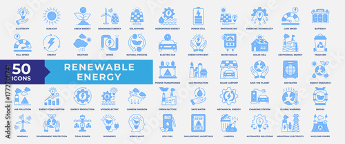 Renewable energy icon set with sunlight, energy, windmill, biofuel, electricity , biogas, green energy, hydropower, climate and solar panel. Simple Blue Vector Illustration.