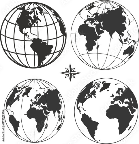 Four global earth globes showing different continents and perspectives isolated on transparent background
