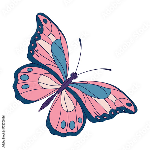 Beautiful pink and teal butterfly flying gracefully against black isolated isolated on transparent background