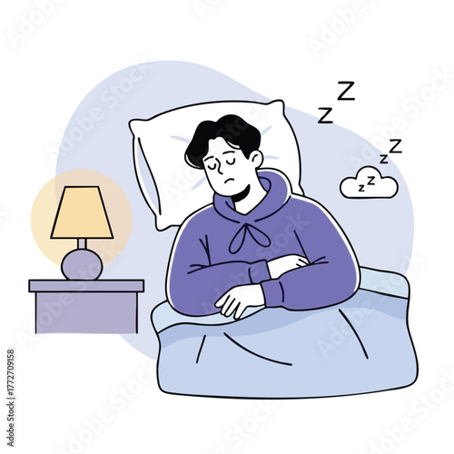 Illustration of a young man struggling to sleep in bed, depicting insomnia, anxiety, or a restless night