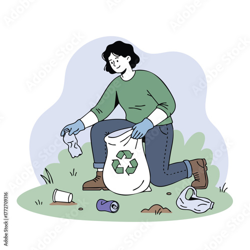 Flat line illustration of a volunteer cleaning up litter and trash into a recycling bag outdoors.