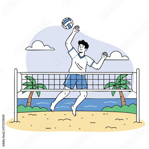 Cartoon illustration of a man jumping to spike a beach volleyball over the net in summer.