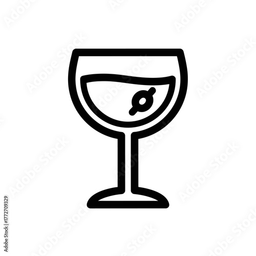 Bold black line art icon of a cocktail in a stemmed glass with an olive garnish.