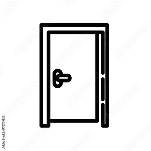 Bold black line art icon of a closed door with a handle, set within a simple door frame.