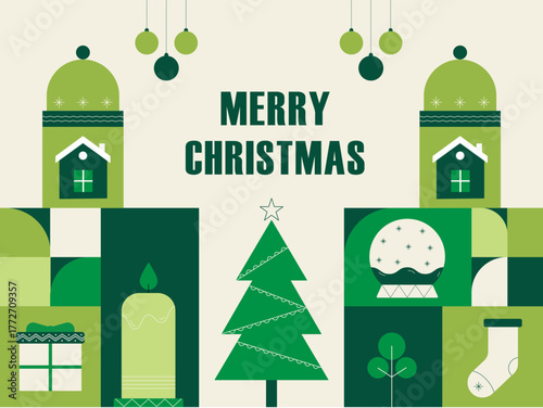 Merry Christmas and Happy New Year. Vector Modern flat geometric abstract creative illustration icons of socks, gifts, candle, christmas tree, etc for greeting card or wishes.