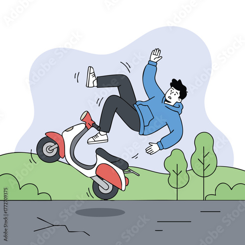 Scooter accident vector illustration with young male rider falling off moped on cracked road