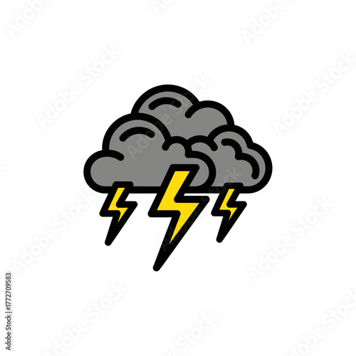 Cartoon Illustration of Dark Gray Clouds with Bright Yellow Lightning Bolts.
