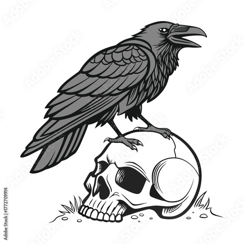 Majestic raven perched on skull symbolizing mystery and dark ominous power isolated on transparent background