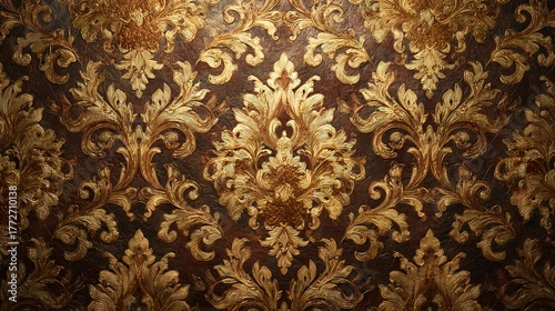Ornate vintage baroque damask wallpaper pattern gold brown royal victorian luxury design