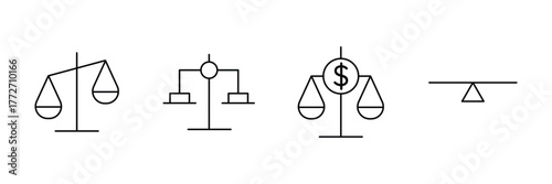 Unbalanced scale, vintage balance, dollar justice, seesaw equilibrium icon set, retro weighing machine vector illustration, minimal law economics.
