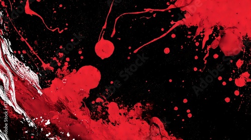Vibrant red and black abstract grunge texture with artistic paint splatters and ink droplets