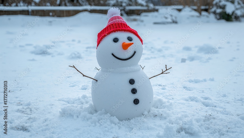 Fototapeta premium Adorable handcrafted snowman in a garden setting with a cheerful expression during the winter season