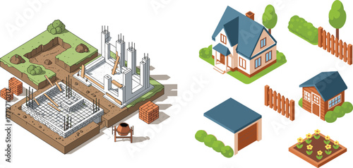 Isometric Home Construction and Garden Elements Vector Set