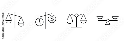 Vintage scale, time money balance, traditional balance, bowl seesaw icon set, classic weighing machine vector illustration, minimal comparison economics.
