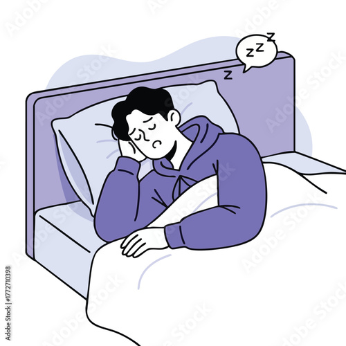 Vector illustration of a young man sleeping uneasily in bed, depicting insomnia or restless sleep