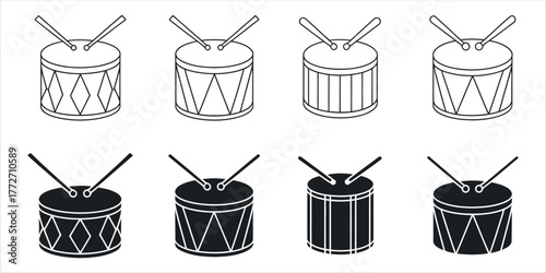 Versatile Drum Icon Set Vector Illustration. Features Outline Silhouette graphics for both Side View and Top View—essential symbols for Music, Rhythm, Percussion Instruments, and Band concepts.