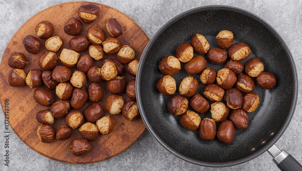 Fototapeta premium Getting chestnuts ready to fry: overhead shot of chestnuts with a skillet