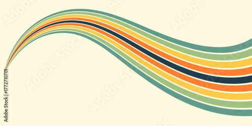 Abstract colorful 70s background vector. Vintage retro wallpaper with rainbow stripes and wavy lines. A 1970 color illustration suitable for posters, banners, decorative items and wall art.