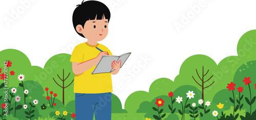 A young boy in a yellow shirt sketching in a notebook surrounded by blooming flowers and lush green bushes, capturing the beauty of nature