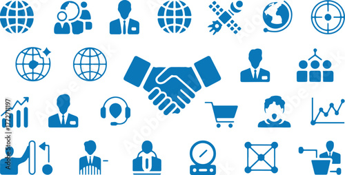 Global Business Icon Set, International Trade Silhouettes, Worldwide Commerce Logistics Digital Connectivity Supply Chain Globalization Vector Illustration