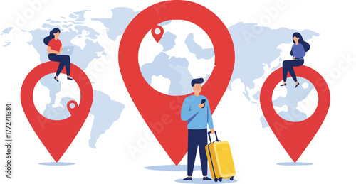 Global travel and tourism concept with people and location pins on a world map