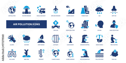 Air Pollution icon set. Collection of solid icons representing smog, factory emissions, global warming, carbon footprint, and environmental damage.