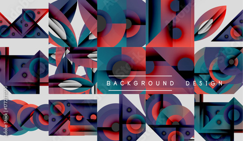 Abstract geometric patterns, vibrant colors, modern design elements. Overlapping shapes create dynamic visual texture.