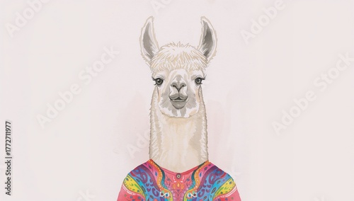 Hand-painted watercolor illustration of an alpaca from the 1990s, showcasing artistic style and nostalgia
