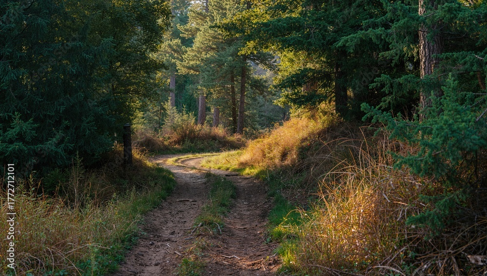 Fototapeta premium A narrow, muddy path winding through dense trees and vegetation, highlighting the risk of erosion