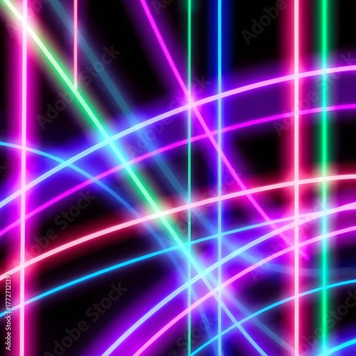 Neon vertical lines dominate the background. Dynamic neon light patterns in vibrant pink, blue, and green against a black background, showcasing an abstract composition.