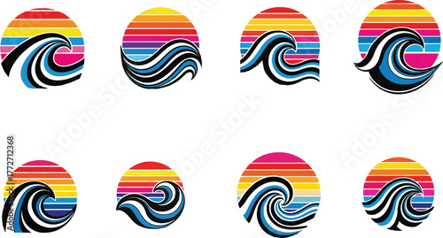 Stylized waves against striped sunset ocean water