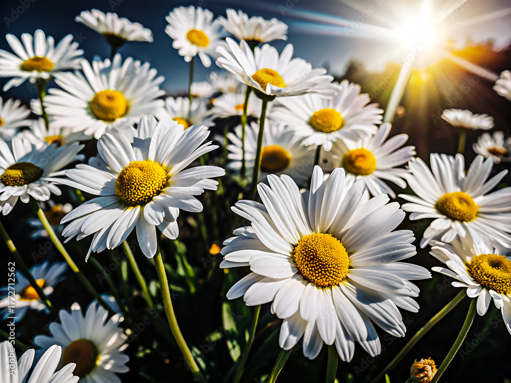 Fototapeta premium Blooming Chamomile Daisies Under Bright Sun Rays – Macro Flower Photography 4K
