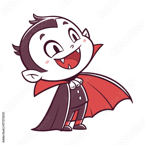 Cute cartoon vampire boy with red cape smiling merrily for halloween celebration isolated on transparent background