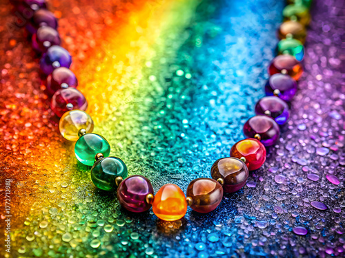 Rainbow Beaded Necklace on Sparkling Glitter Background – Colorful Jewelry