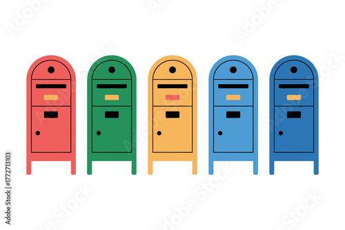Five colorful mailboxes stand in a row against a white background.
