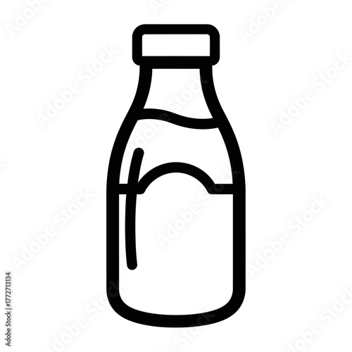 Minimalist black line art icon of a classic glass milk bottle, partially filled with liquid.