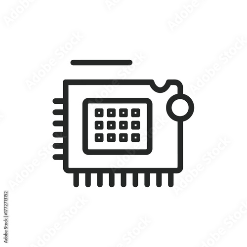 Minimalist black line art icon of a computer microprocessor chip with pins and a central grid.