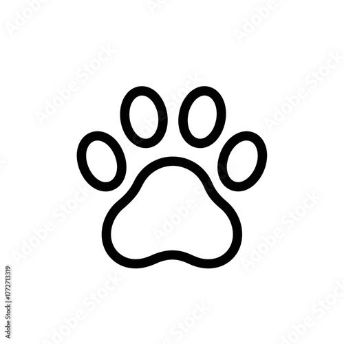 Minimalist black line art icon of a pet paw print, a simple stylized animal track symbol with four toe pads.