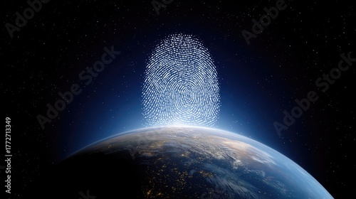 Fototapeta Naklejka Na Ścianę i Meble -  Artistic representation of Earth with a glowing fingerprint overlay emphasizing identity, connection, and innovation in a digital world perspective